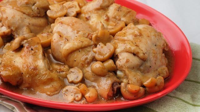 chicken in creamy mushroom sauce on a red plate
