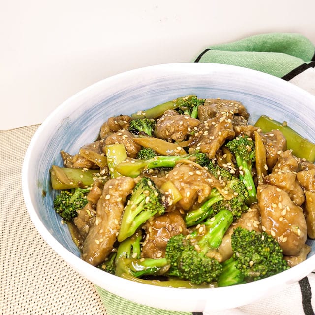 Pork broccoli in a white plate
