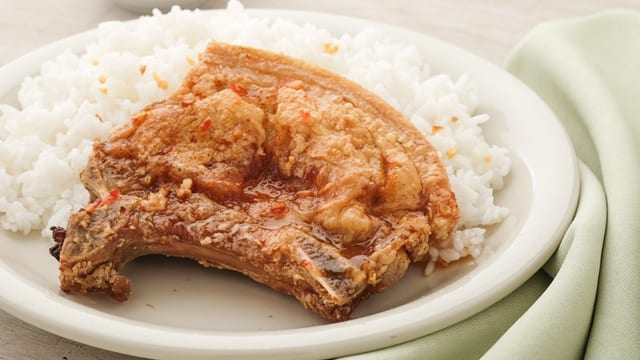 breaded pork chop with rice on a white plate