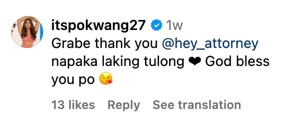 Pokwang thanks Atty. Rodriguez in the comment section of the latter's Instagram post.
