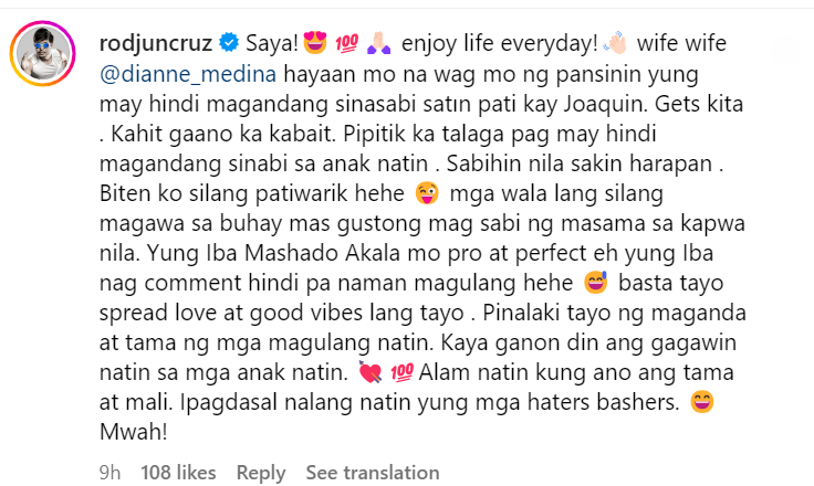 Rodjun Cruz's comment on his wife, Dianne Medina's, post.