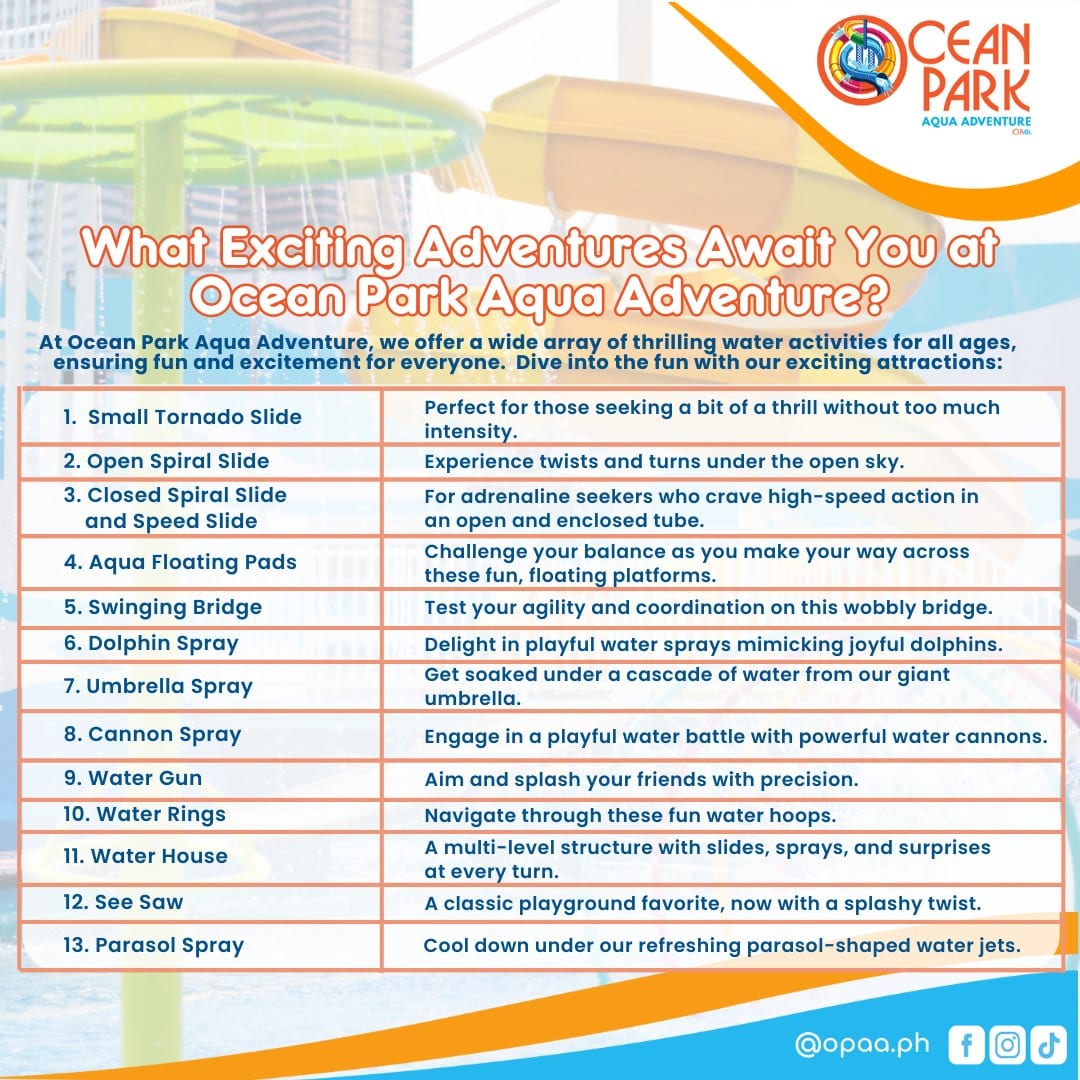 Ocean Park Aqua Adventure list of activities