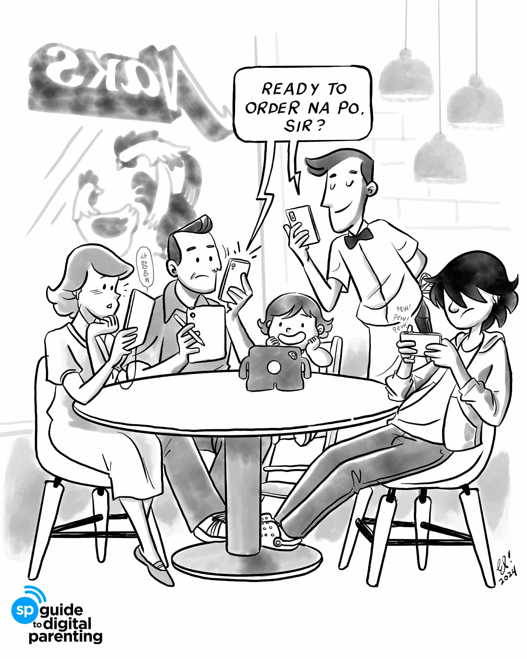 Families distracted by their digital devices while sharing a meal