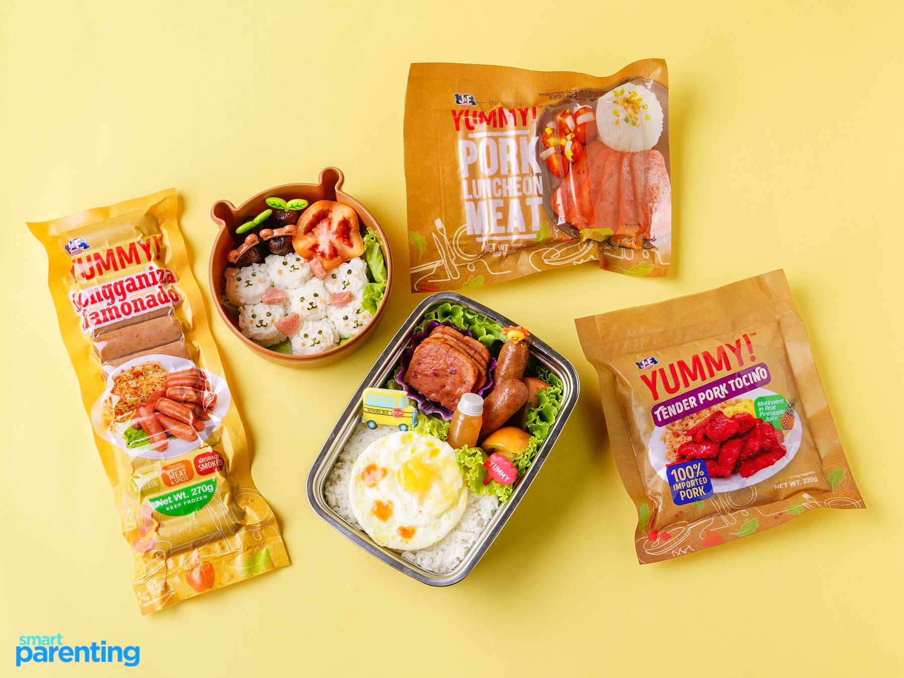 Yummy pork tocino, longanisa hamonado, and pork luncheon meat in bento meals