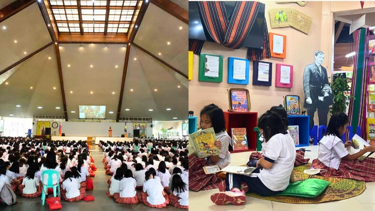 Multipurpose hall and female students reading