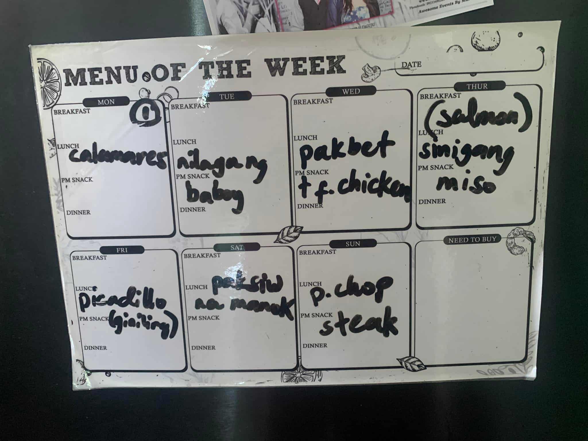 Ched Elle's meal plan for the week