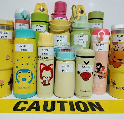 Some reusable water bottles and tumblers may be coated with paints containing high levels of lead in violation of the 90 parts per million (ppm) limit.