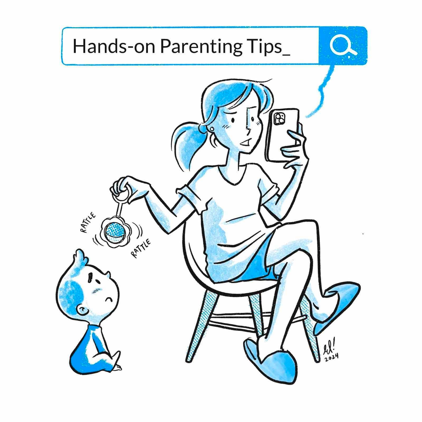 Mom entertains child while scrolling her phone