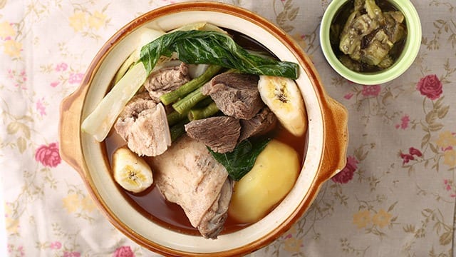 tagalog pochero with pechay, saba, and pork pieces