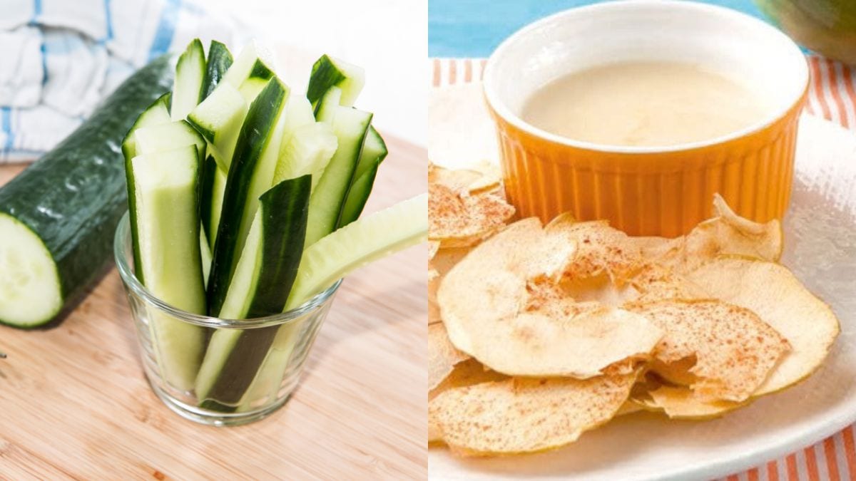 Left: julienned cucumber slices in a glass Right: apple crisps with honey yogurt dip