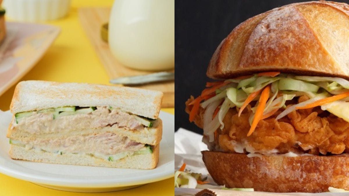 Left: Tuna and Cucumber Sandwich, Right: Chicken Burger with cucumber cabbage slaw
