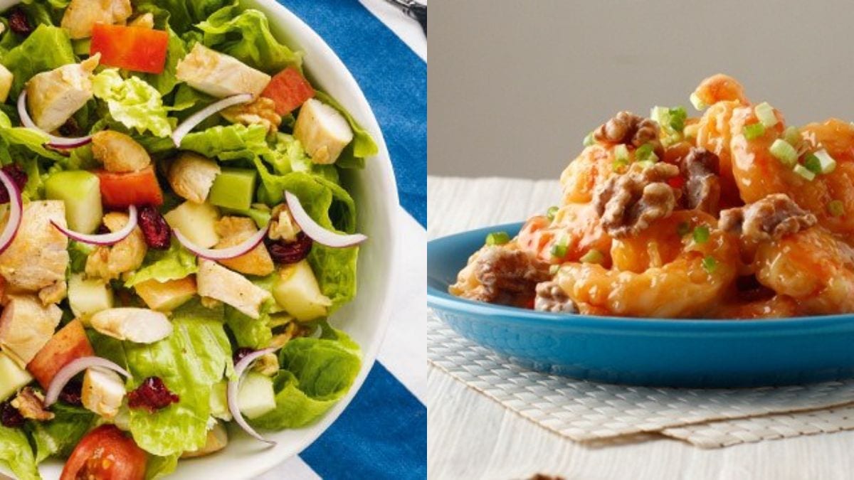 left: chicken pesto walnut salad, right: honey walnut shrimp