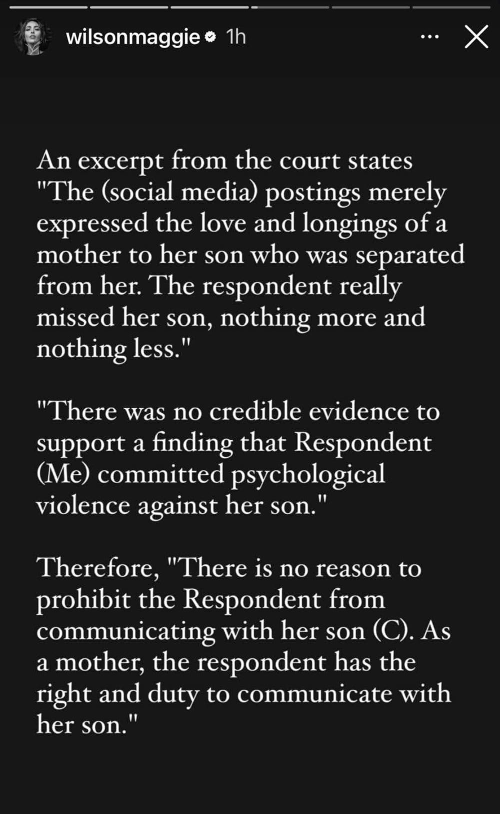 Maggie Wilson took to her Instagram Stories to share the news of the court's decision