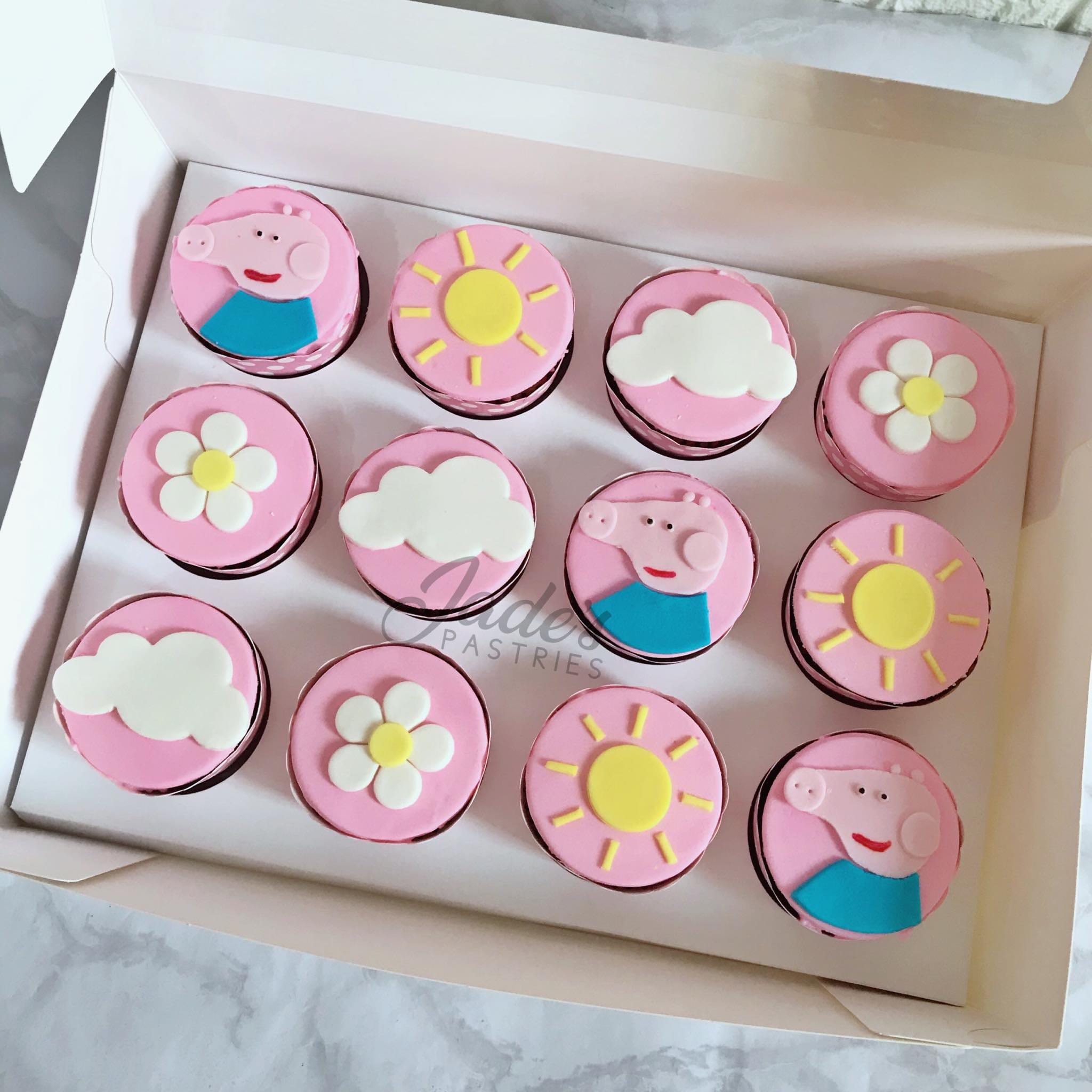 Peppa Pig-themed cupcakes.