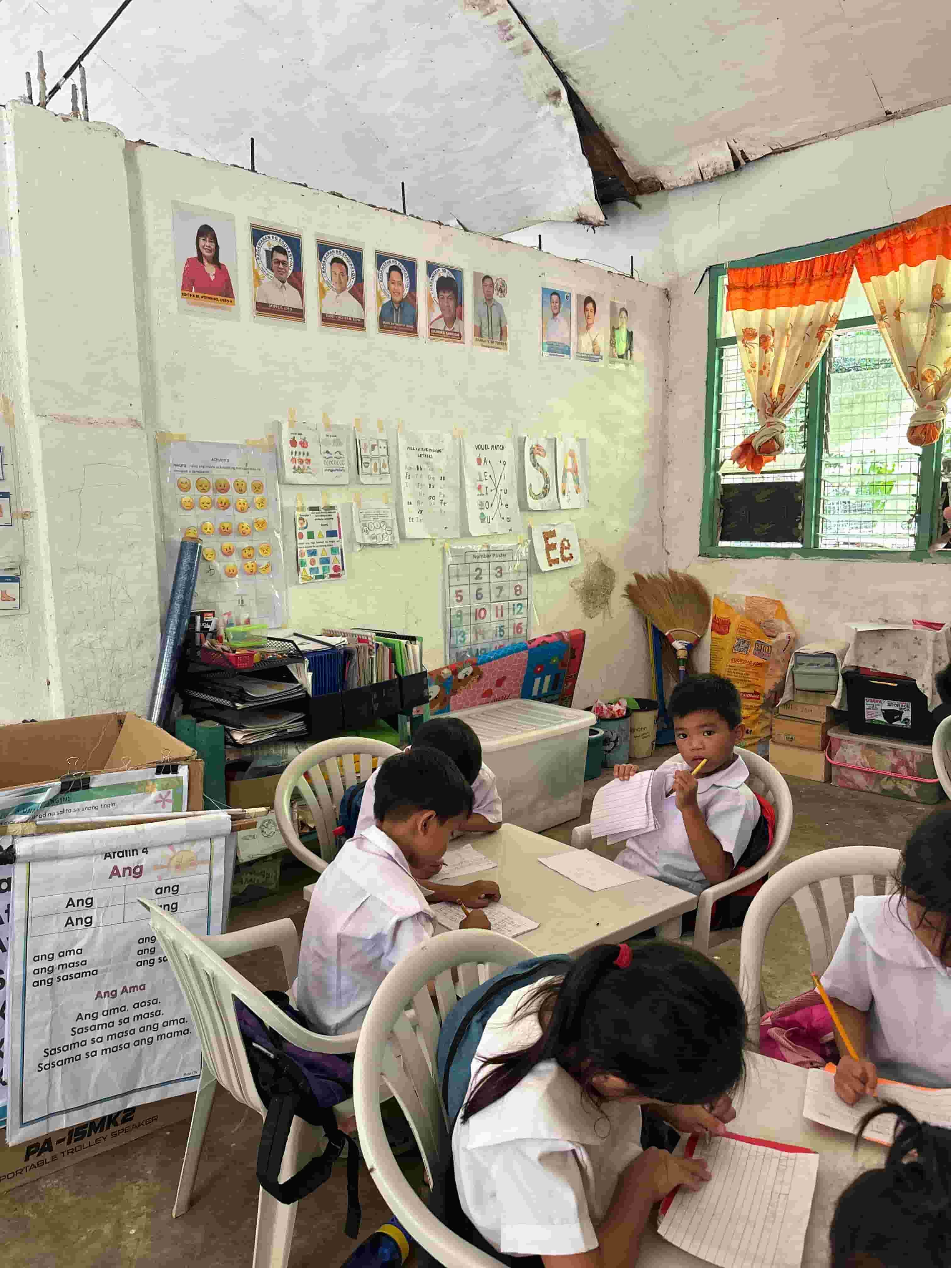 Students in a makeshift classroom