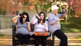 Three Pregnant Friends Have Fun In A Pizza And Chocolate-Themed Maternity Shoot