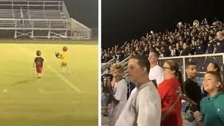 Crowd Goes Wild for Tiny Kids Playing on Field Before High School Football Game
